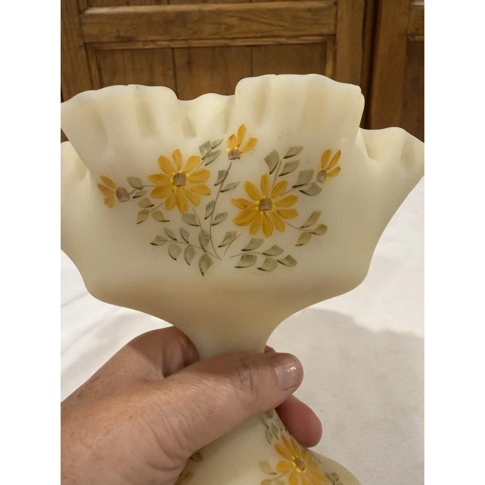Fenton Satin Custard Compote Pedestal Ruffle Top Candy Dish Bowl Hand Painted